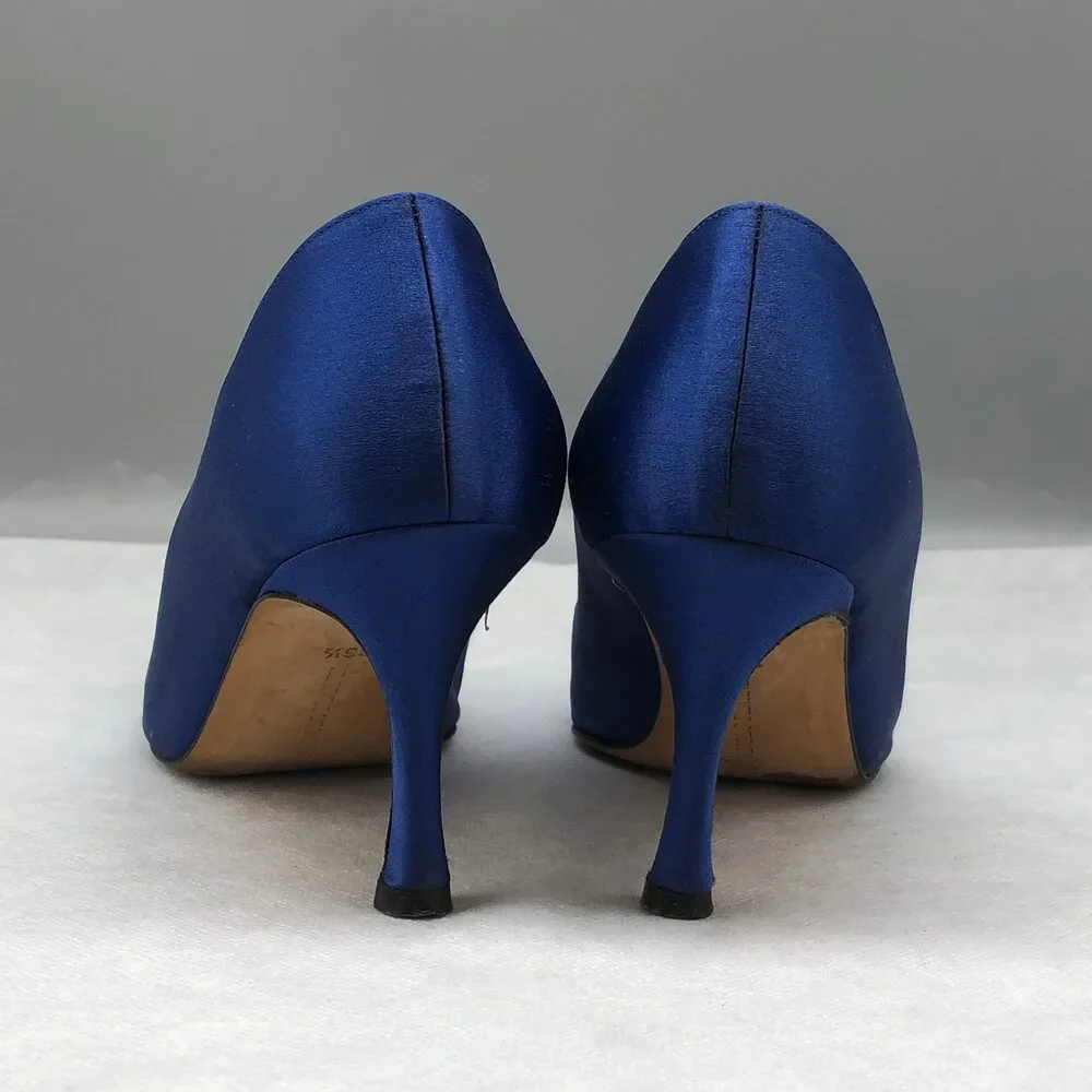 Manolo Blahnik Cobalt Satin Pointed-Toe Pumps with Jeweled Buckle - Picture 4 of 10